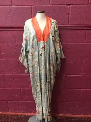 Lot 2101 - Japanese summer weight kimono circa 1930s printed silk with surface embroidered flowers and ducks. Unlined, long length.