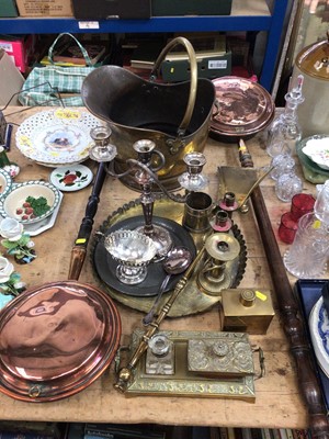 Lot 19 - Two 19th century copper warming pans, copper coal scuttle, silver plate and other metalware