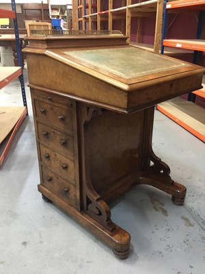 Lot 850 - Good quality Victorian burr walnut Davenport with stationary compartment to back with concealed sprung lid, leather lined slope , four drawers and slide to sides, raised on bun feet 55 cm wide, 60...