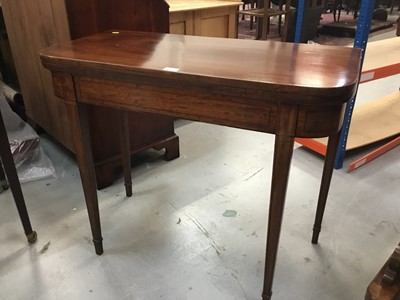Lot 851 - George III mahogany D end card table with fold over top and baize lined interior on square taper legs, 90 cm wide