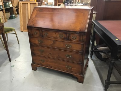 Lot 853 - Good quality Georgian-style yew bureau with fall flap, fitted interior , arrangement of drawers below on bracket feet 86 cm wide, 102 cm high, 50 cm deep