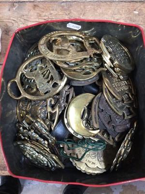 Lot 25 - Collection of 19th century and later horses brasses to include London Harness Horse Parade, various years spanning 1967-2003, other Shire Horse brasses, some mounted on leather, approximately 60