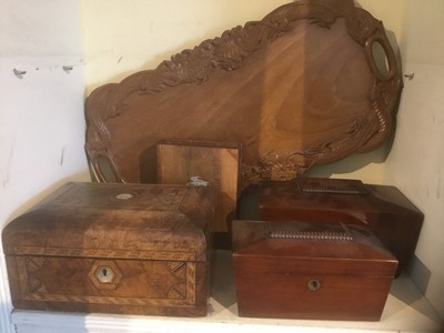 Lot 249 - Two tea caddies, box book, jewellery box and a tray, silver brushes