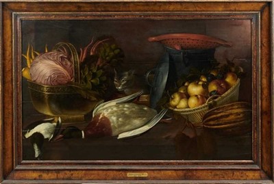 Lot 1051 - Cornelius Jacobsz Delff (1571-1643), oil on panel, still life of dead wildfowl, fruit, vegetables and a curious cat, in walnut veneered frame (splits to panel)