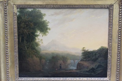 Lot 1056 - Circle of Richard Wilson, a late 18th century oil on panel, fisherman before a waterfall, in gilt frame