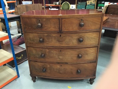Lot 854 - William IV mahogany bow fronted chest of two short and three long drawers with bun handles on fluted bun feet 99 cm wide, 108cm high, 52 cm deep