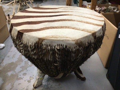 Lot 532 - African carved hardwood figures, baskets, zebra skin drum and other items