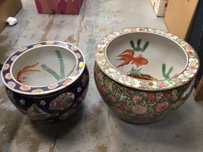 Lot 530 - Two Chinese ceramic jardinieres, two Oriental lacquered boxes, carved soapstone ornament and vintage coral