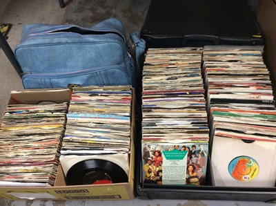 Lot 435 - Large selection of single records housed in a black d j case, a box and blue Ackolite bag including Police, Jam, Speciaks, Madness, Pet Shop Boys, Proclaimers, Iskey Brothers, Kool and the Gang