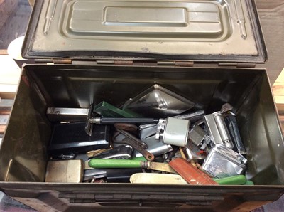 Lot 481 - Ammunition box containing lighters and other items