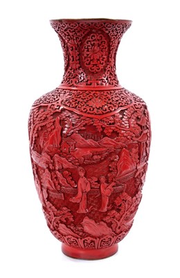 Lot 852 - Antique Chinese red cinnabar lacquer vase with figure and tree decoration