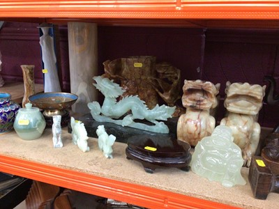 Lot 537 - Carved soapstone ornaments, green hardstone ornaments, cloisonné vase etc