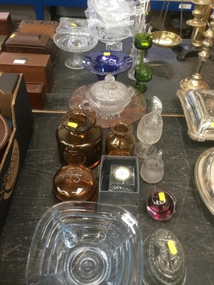Lot 143 - Group of glassware to include two Wedgwood green glass candlesticks , M'Dina glass club-shaped vase, Dartmouth, Waterford clock, Victorian, Art Deco and other glass
