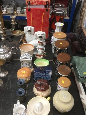 Lot 146 - Group of decorated china to include Port Meirion, Victorian Staffordshire spaniels, Cartlonware, Wedgwood, West German Lava glazed vase, Sylvac Dish Cloth pot etc