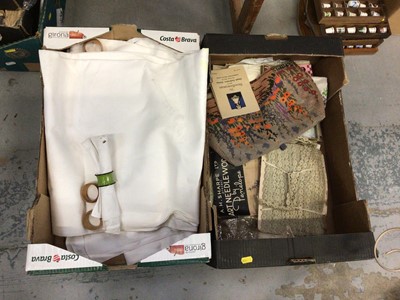 Lot 520 - Five boxes of assorted linen including lace, edged cloths, sheets, embroidery, plus vintage Vogue, YSL and other designer patterns