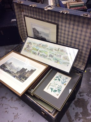 Lot 355 - Large vintage travelling trunk containing quantity pictures and prints