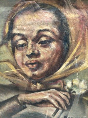 Lot 147 - Rose Baron, 20th Century, oil on board, portrait of a woman holding a flower