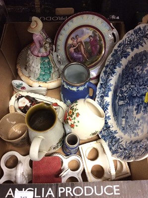 Lot 347 - Two boxes of assorted 19th century and later china, ornaments and glass decanters