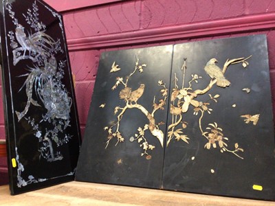 Lot 544 - Chinese lacquer panel with inlaid bird and tree decoration, together with other lacquered panels and Chinese green hardstone zodiac sign picture