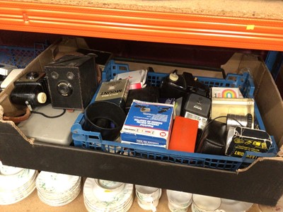 Lot 515 - Sundry items, including a box of cameras and accessories, a box of vintage and other lighters, and a framed print