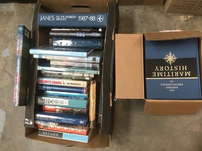 Lot 155 - Two boxes of books on military history to include a complete and mint edition 4 volume set of The Oxford Encyclopaedia of Maritime History