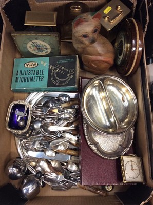 Lot 462 - Group vintage cameras, pair binoculars, clocks, cutlery, plated ware, records and sundries