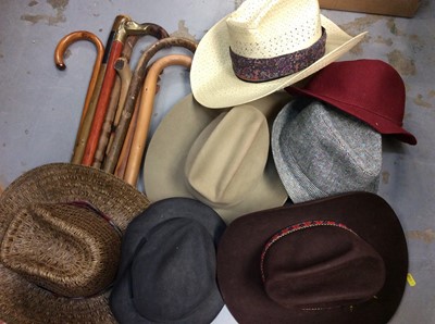 Lot 453 - Seven vintage hats including Dunn and Stetson, and a collection of walking sticks