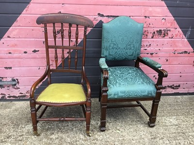Lot 1004 - Walnut framed elbow chair upholstered in green damask a d a Victorian high spindle back open armchair