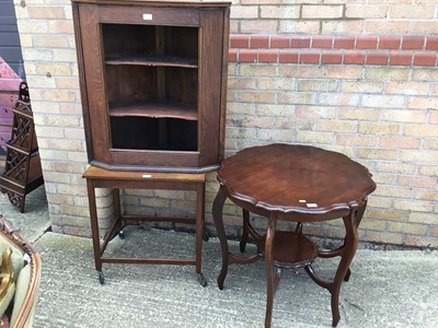 Lot 1005 - Group to include Edwardian walnut 2-tier centre table, oak trolley, Edwardian overmantel mirror and a corner cupboard