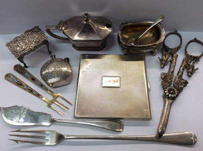 Lot 662 - Pair of Russian silver gilt and enamel pickle forks, silver cigarette case, and other silver items