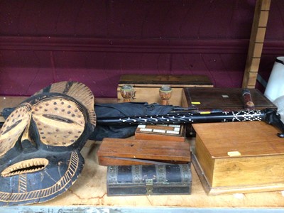 Lot 557 - Group of wooden boxes, African craved wood mask, walking stick, parasol with silver mount and other treen