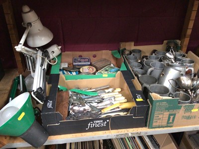Lot 558 - Collection pewter tankards, plated trophies, cutlery and vintage tins