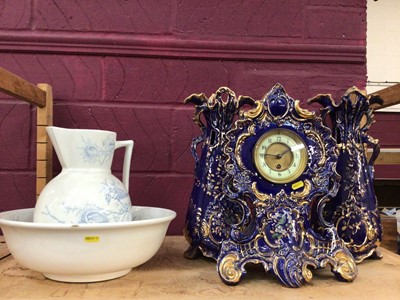 Lot 560 - Blue ceramic mantle clock with garnitures, Victorian wash jug and bowl, slipware dish, lustre jug, glass ware and other decorative ceramics