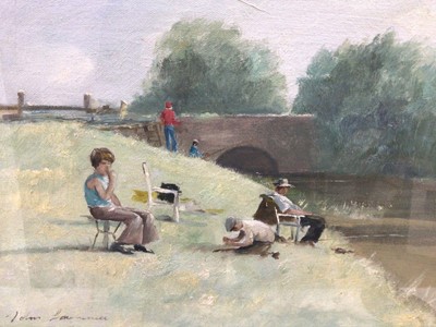Lot 88 - John Lawrence, oil on canvas, "Fred and the Boys Fishing", signed, also inscribed and dated verso 1980, in wooden frame, 27 x 39cm