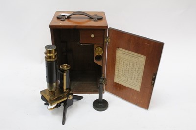 Lot 2387 - Late 19th century lacquered brass microscope bearing plaque for Clark of Newcastle, in case