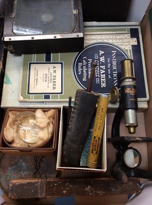 Lot 476 - Milbro microscope and slides, vintage Ilford camera, pair of The Victrex binoculars in case, drawing instruments set and other items