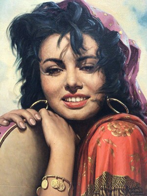 Lot 89 - Andre David, A beautiful Gypsy girl holding a tambourine, oil on canvas, signed, in gilt frame, 45 x 37cm