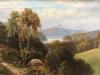 Lot 82 - Robert Fenson (act. 1880-1920), oil on canvas, A lakeland scene with a path thorugh woodland, signed, in gilt frame, 25 x 35cm