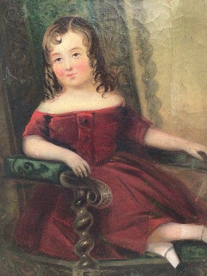 Lot 92 - Early 19th century naive English School, oil on canvas, a pretty girl reclining in a large elbow chair, in gilt frame, 37 x 27cm