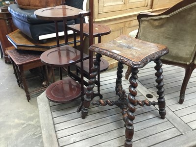 Lot 987 - Carved oak stool, mahogany folding cake stand, parquetry top folding table and folding ebonised games table