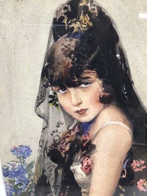 Lot 235 - James Miller Miller (1914-2001), watercolour, A pretty senorita, signed and dated 1937, in a painted frame, 1715 x 13cm