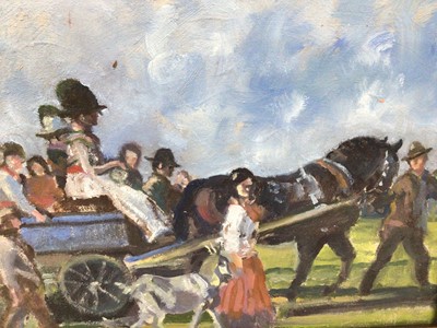 Lot 86 - After Sir A.J. Munnings, oil on board, Gypsy travelers, in painted frame, 21 x 25cm