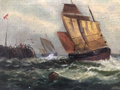 Lot 95 - Mid 19th century English School, oil on canvas, fishing vessels at a harbour entrance, in gilt frame, 25 x45cm