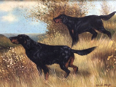 Lot 84 - W.G. Kleyn, oil on baord, A country scene with two setters, signed, in gilt frame, 16 x 23cm
