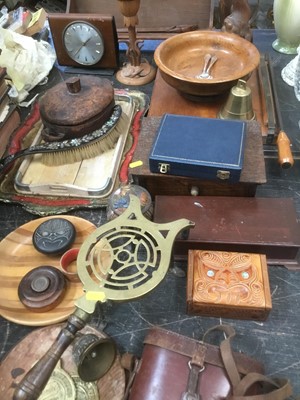 Lot 138 - Group of assorted treen items to include bowls, boxes and trays, together with binoculars in leather case, brass trivet and other metal ware