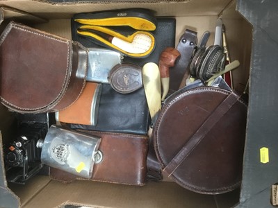 Lot 140 - Meerschaum Pipe in case together with Hip Flasks, leather collar boxes, cameras and sundries