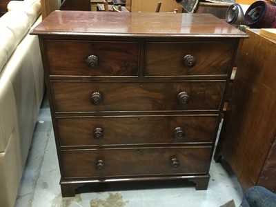 Lot 896 - Victorian mahogany chest of two short and three long draws, with turned wood handles, raised on bracket feet, 106 x 101 x 51cm