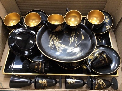 Lot 547 - Group African carved hardwood figures and animals, wooden boxes, Japanese lacquer tea set and other treen items