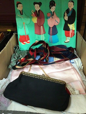 Lot 551 - One box vintage linen, evening purse, ties and other textiles