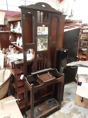 Lot 900 - 1920's Oak Hall Stand with mirrored back and two umbrella holders with metal drip trays, 192 x 76 x 26cm